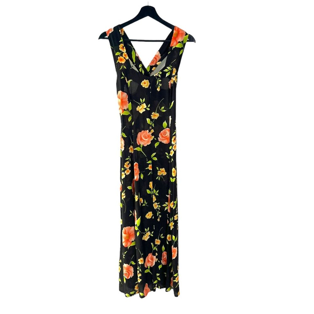 Vintage 90s Black Orange Floral Sleeveless Full Length Dress Medium